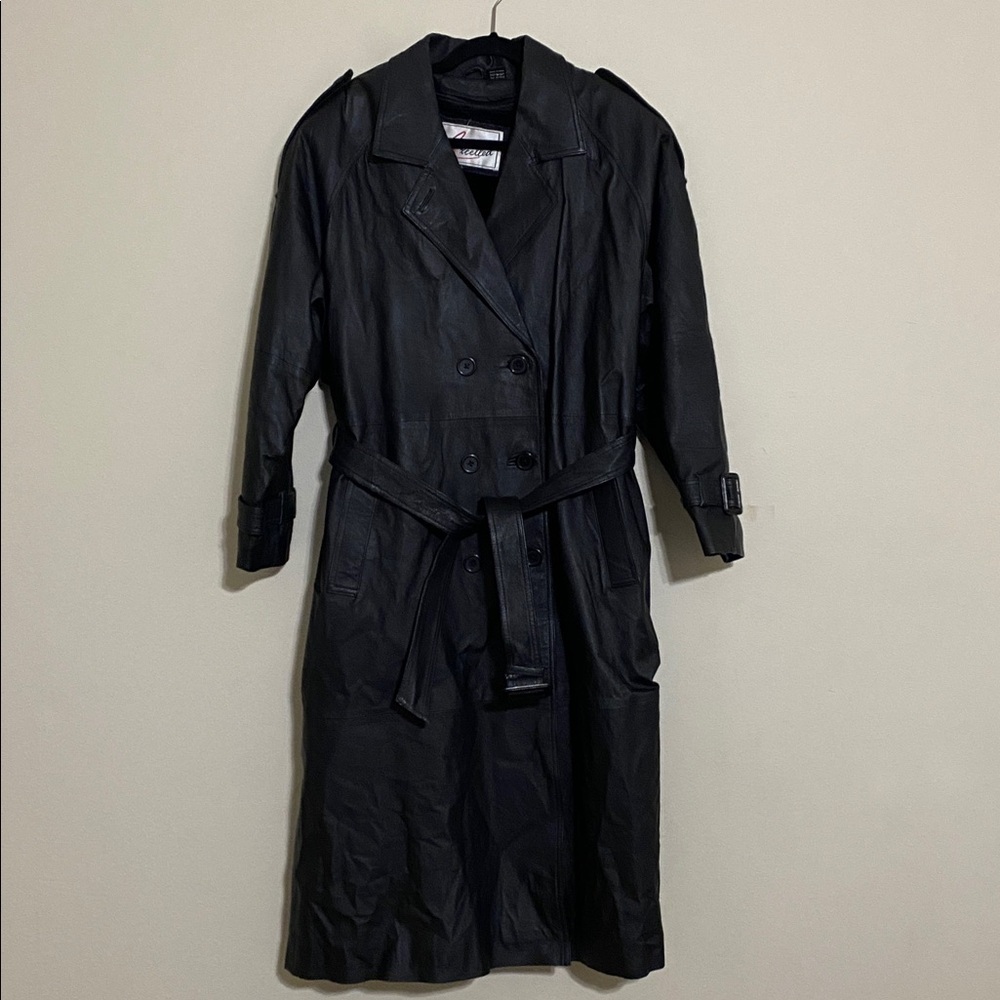 Vintage Excelled Black leather trench Coat women L long Y2K event winter cozy